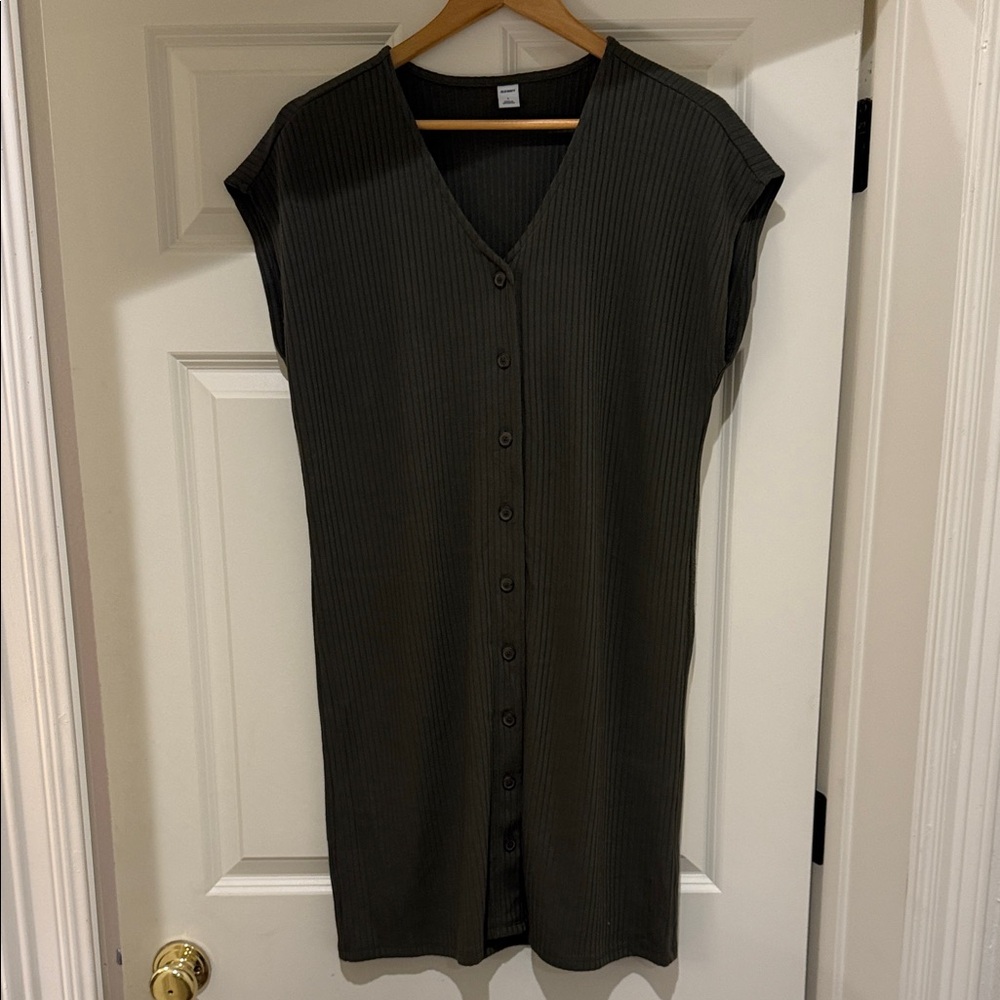 Olive Button-Down drop shoulder ribbed Dress